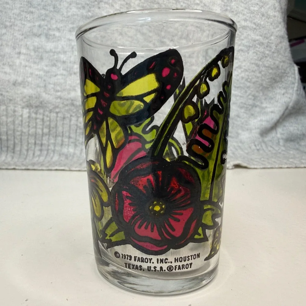 Vintage 1973 Faroy Inc Houston Butterfly Flower Stained Glass Style Juice Glass